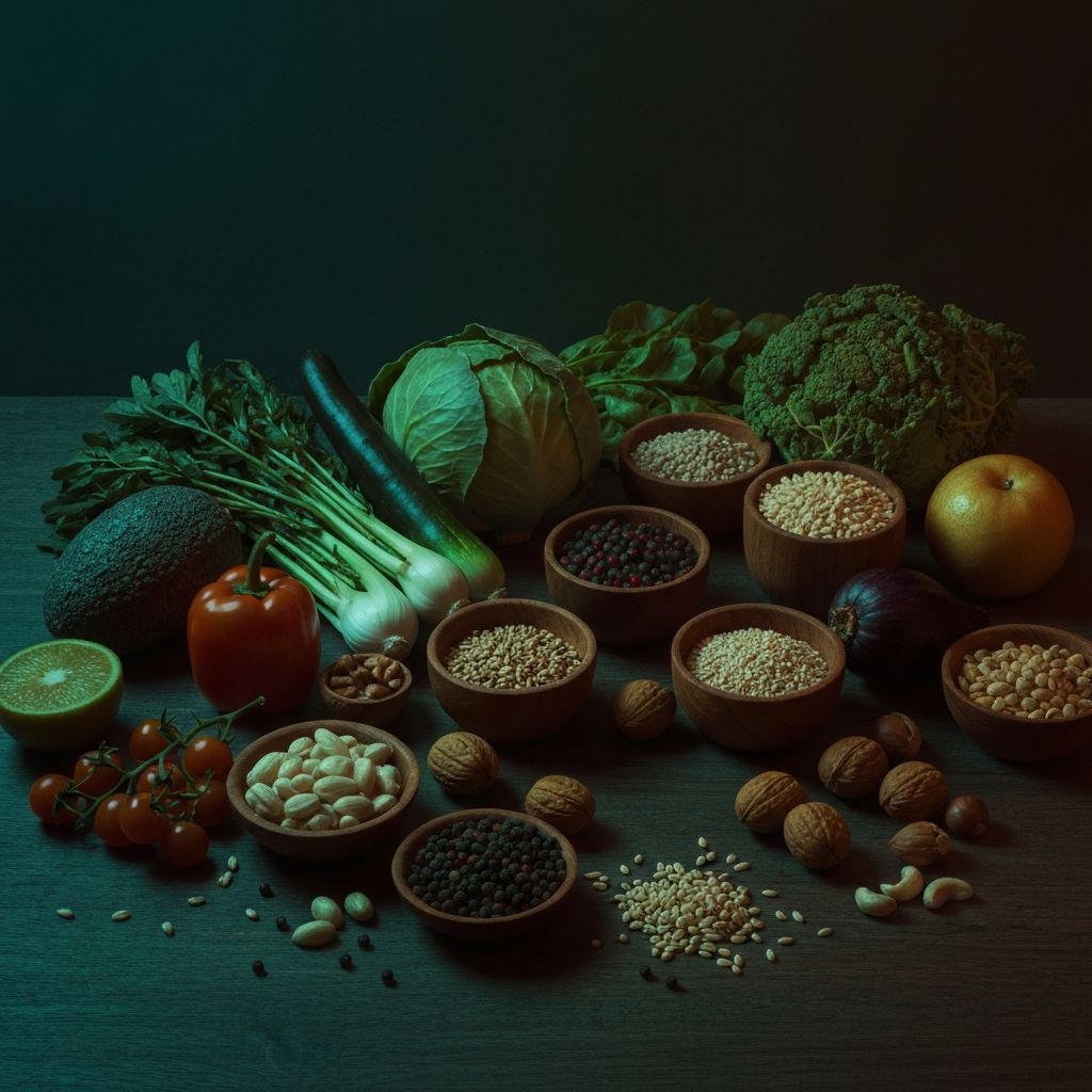 A beautifully composed still life of vibrant fresh vegetables, fruits, grains and nuts on a dark wooden surface