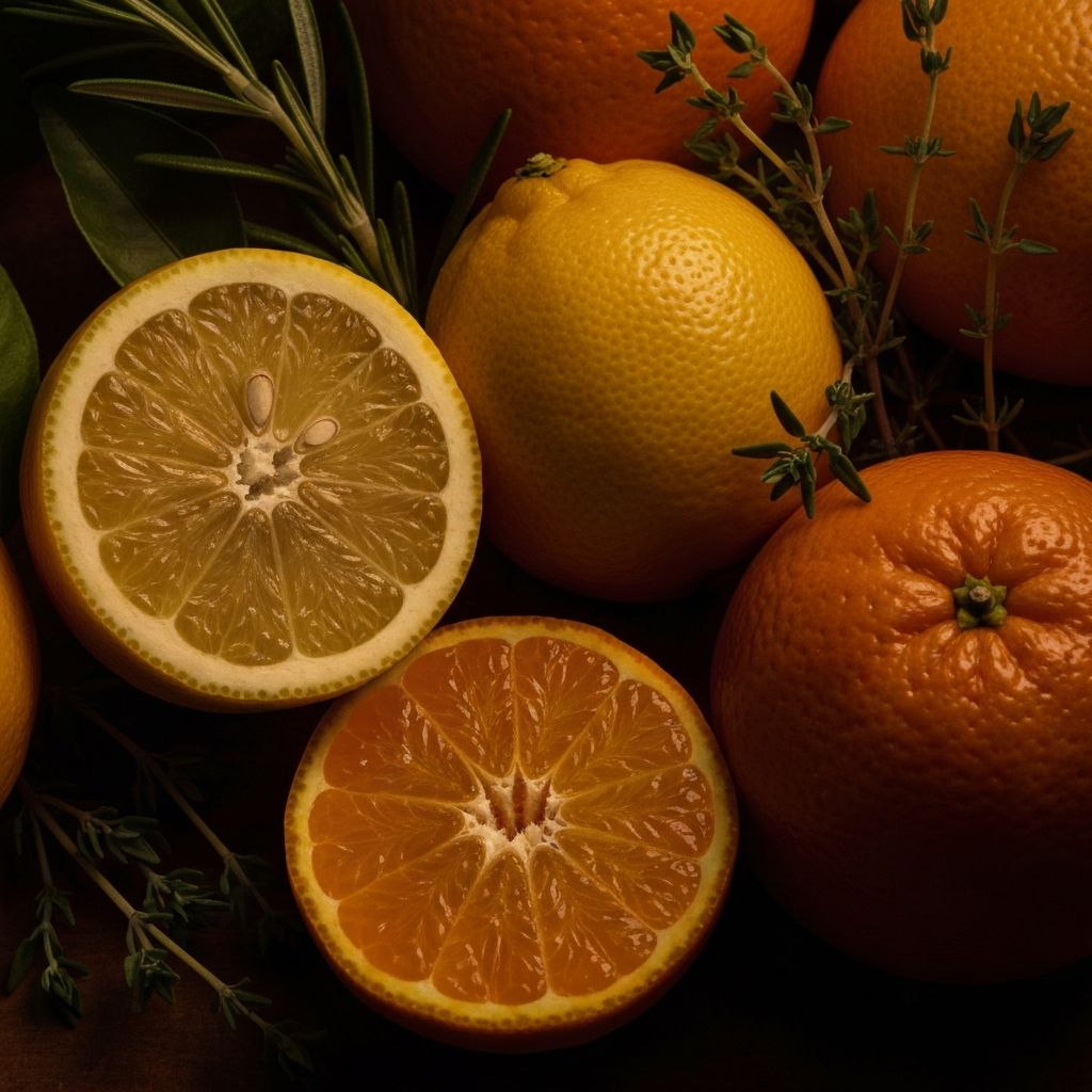 Close-up of fresh citrus fruits sliced open revealing vivid pulp surrounded by dark green herbs