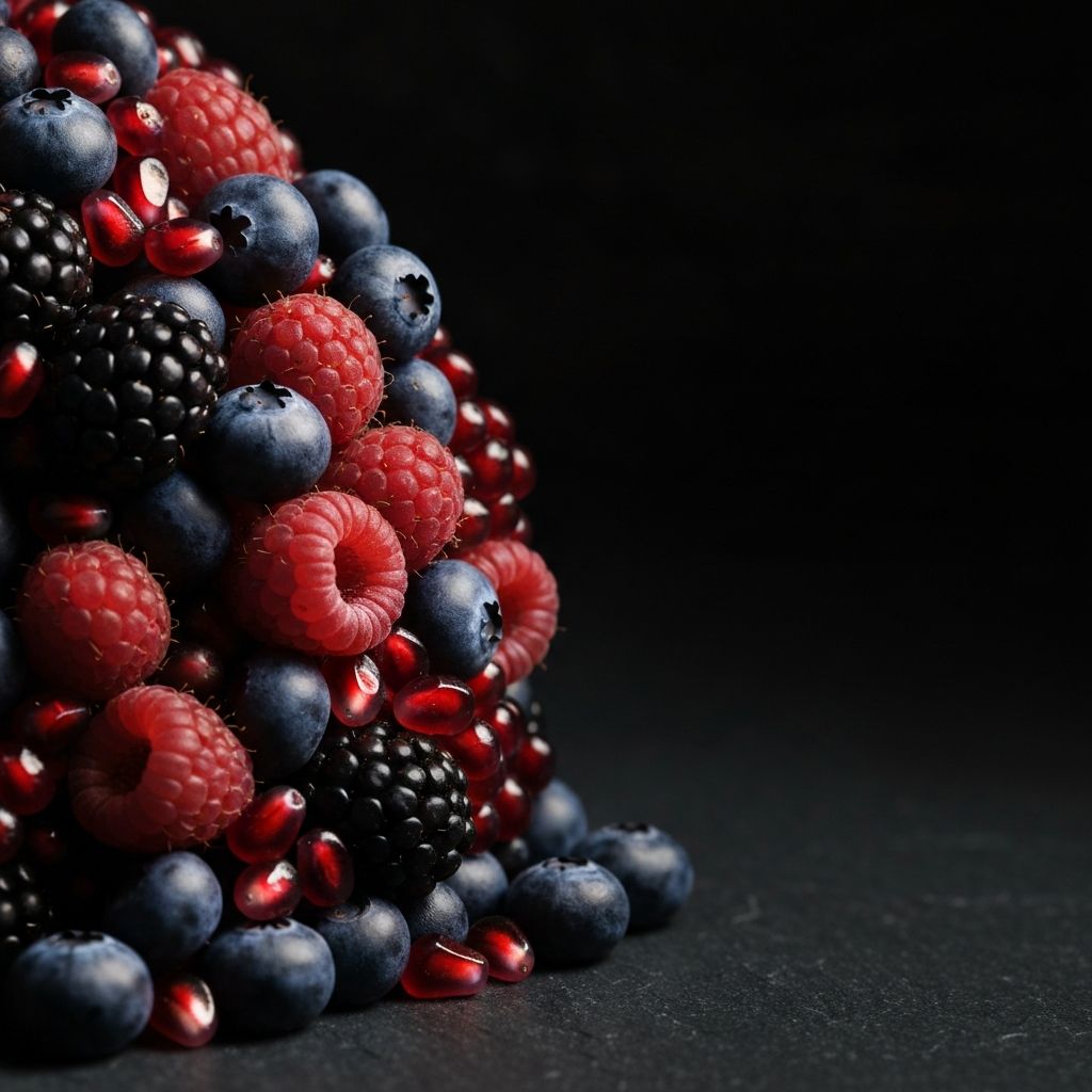 Beautiful arrangement of mixed berries including blueberries, raspberries and pomegranate seeds on dark stone
